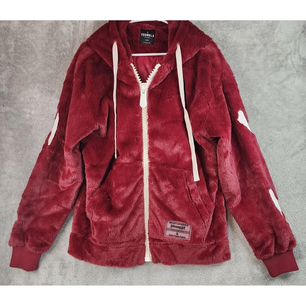 YoungLA Jacket Mens Medium Red Faux Fur Hooded Full Zip Varsity Fleece Lined